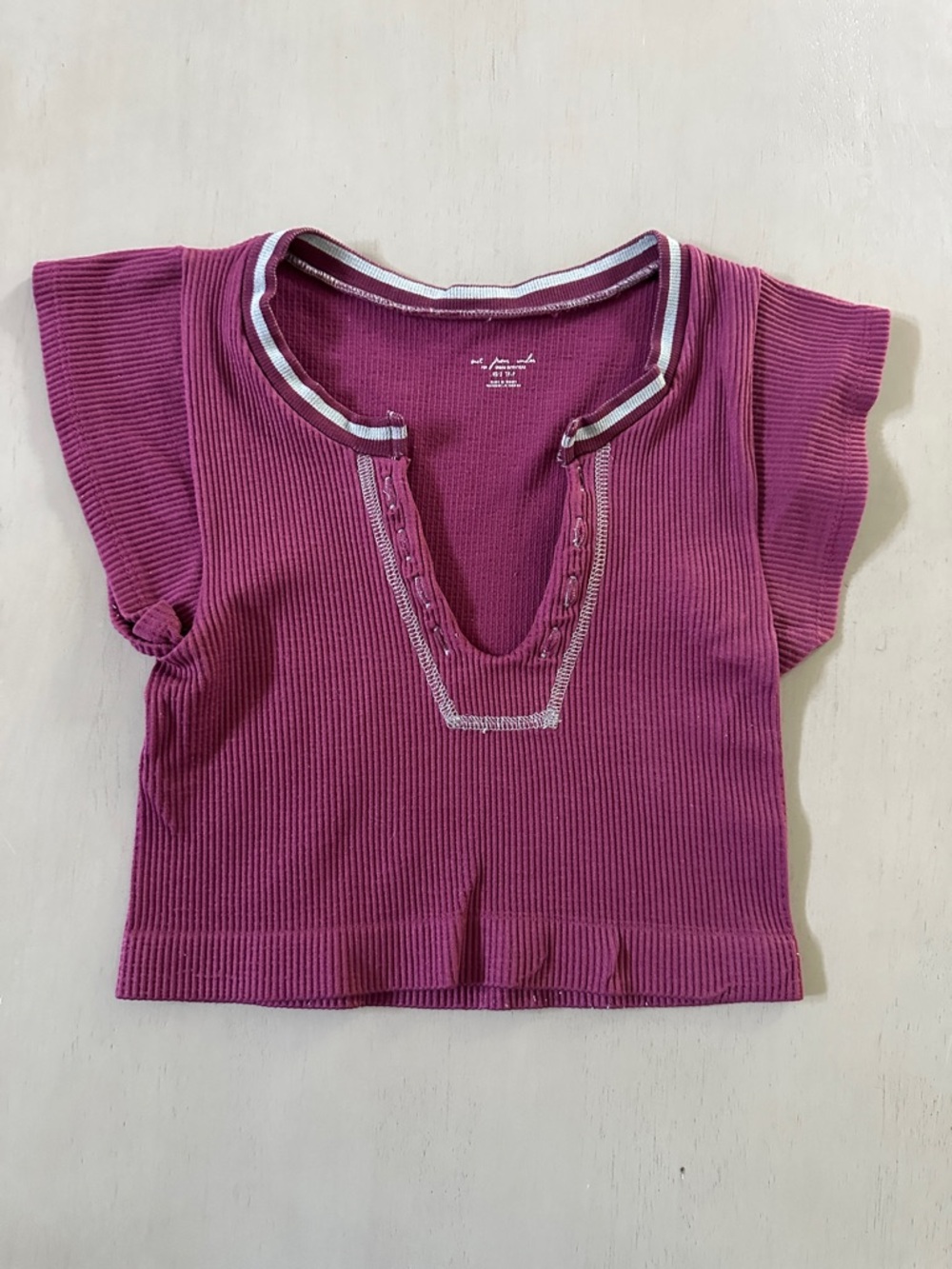 Urban Outfitters Magenta Ribbed V-Neck Crop Top with Contrast Trim